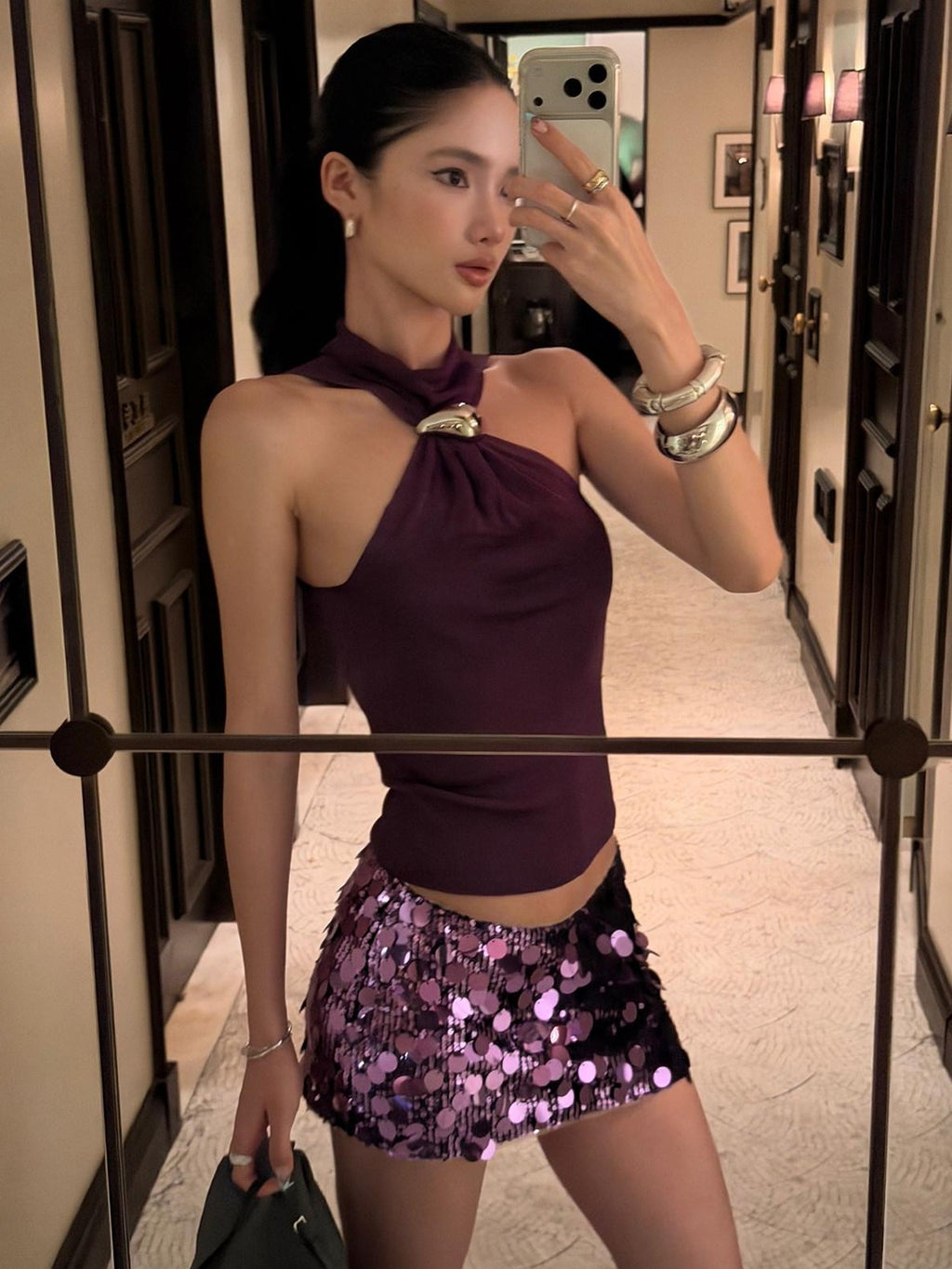 rovente Wild Violet High Neck Halter Waist Cinch Off Shoulder Women's Halter Tops