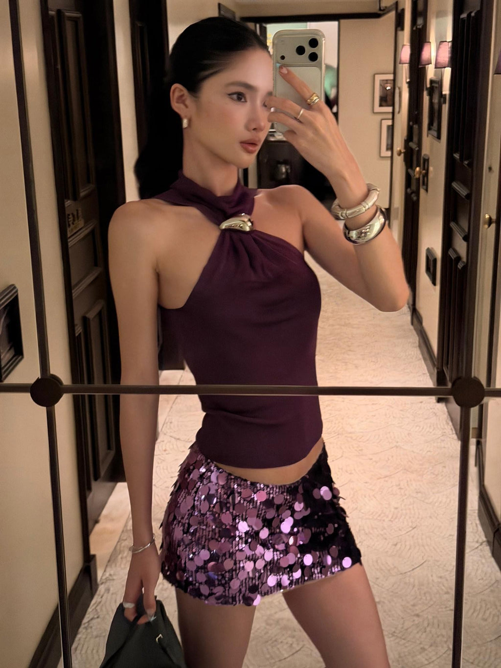 rovente Wild Violet High Neck Halter Waist Cinch Off Shoulder Women's Halter Tops