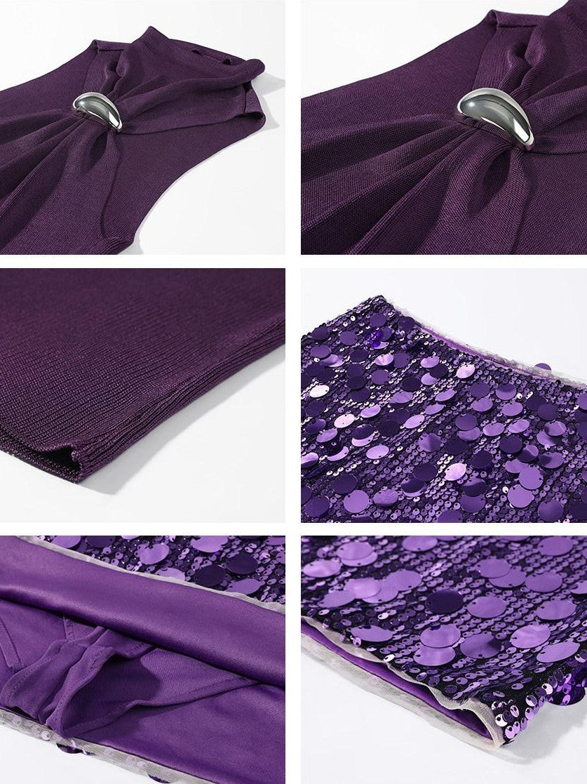 rovente Wild Violet High Neck Halter Waist Cinch Off Shoulder Women's Halter Tops