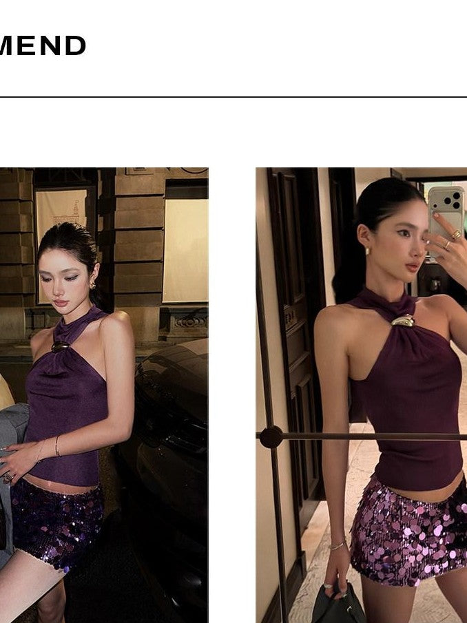 rovente Wild Violet High Neck Halter Waist Cinch Off Shoulder Women's Halter Tops