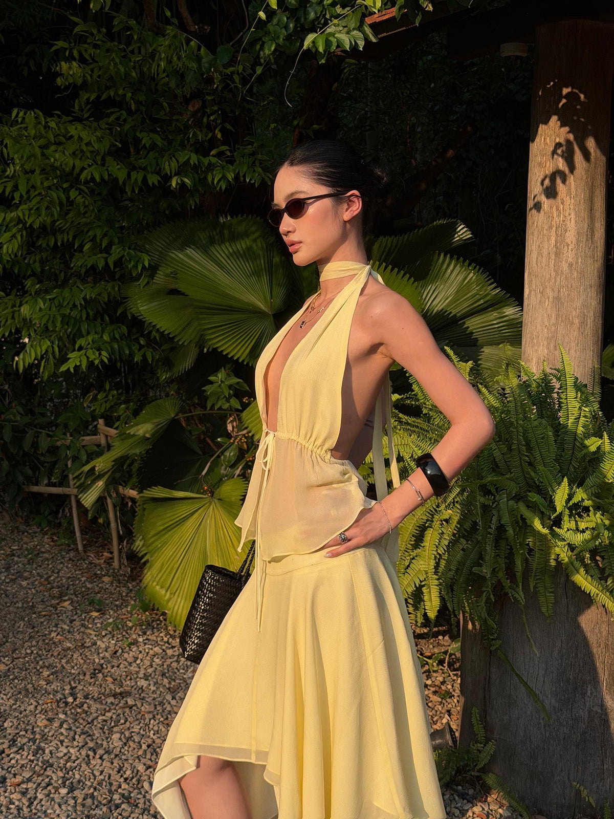 rovente Yellow Deep V-neck Sleeveless Asymmetric Two Piece Women's Matching Skirt Sets