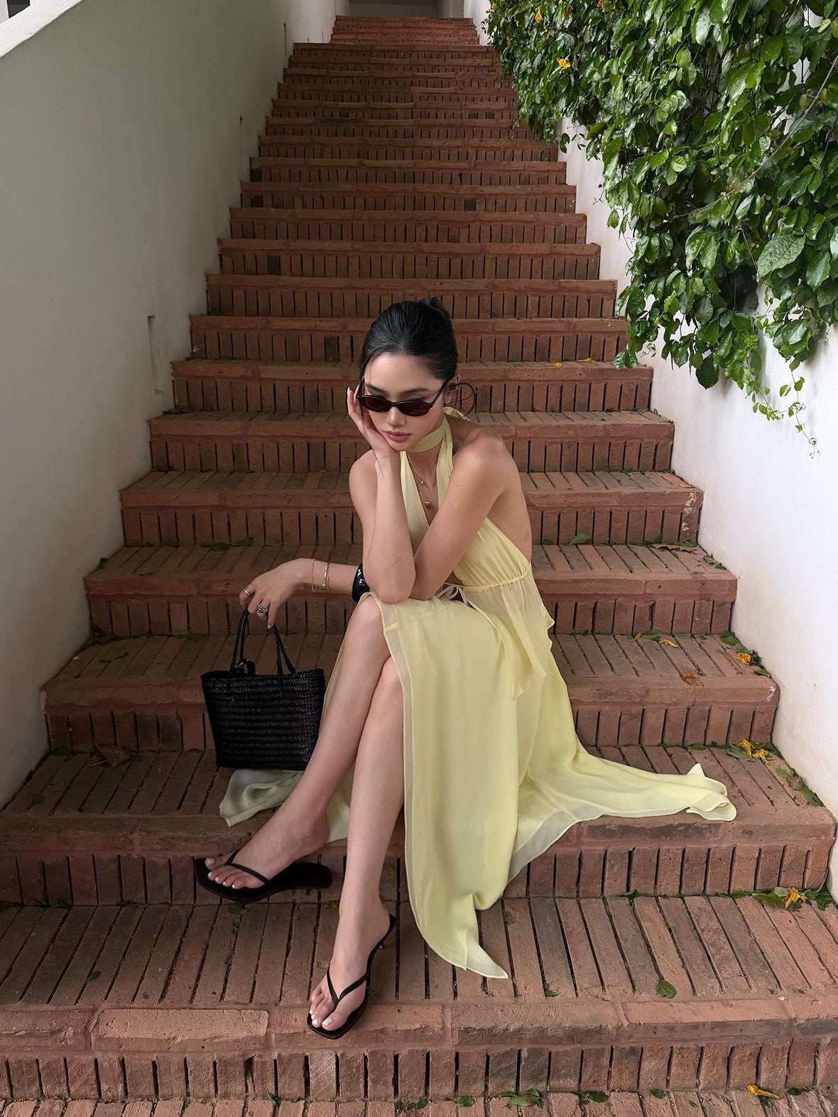 rovente Yellow Deep V-neck Sleeveless Asymmetric Two Piece Women's Matching Skirt Sets
