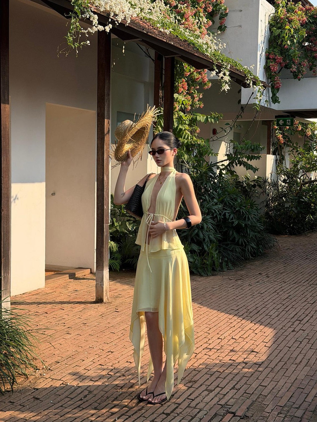 rovente Yellow Deep V-neck Sleeveless Asymmetric Two Piece Women's Matching Skirt Sets