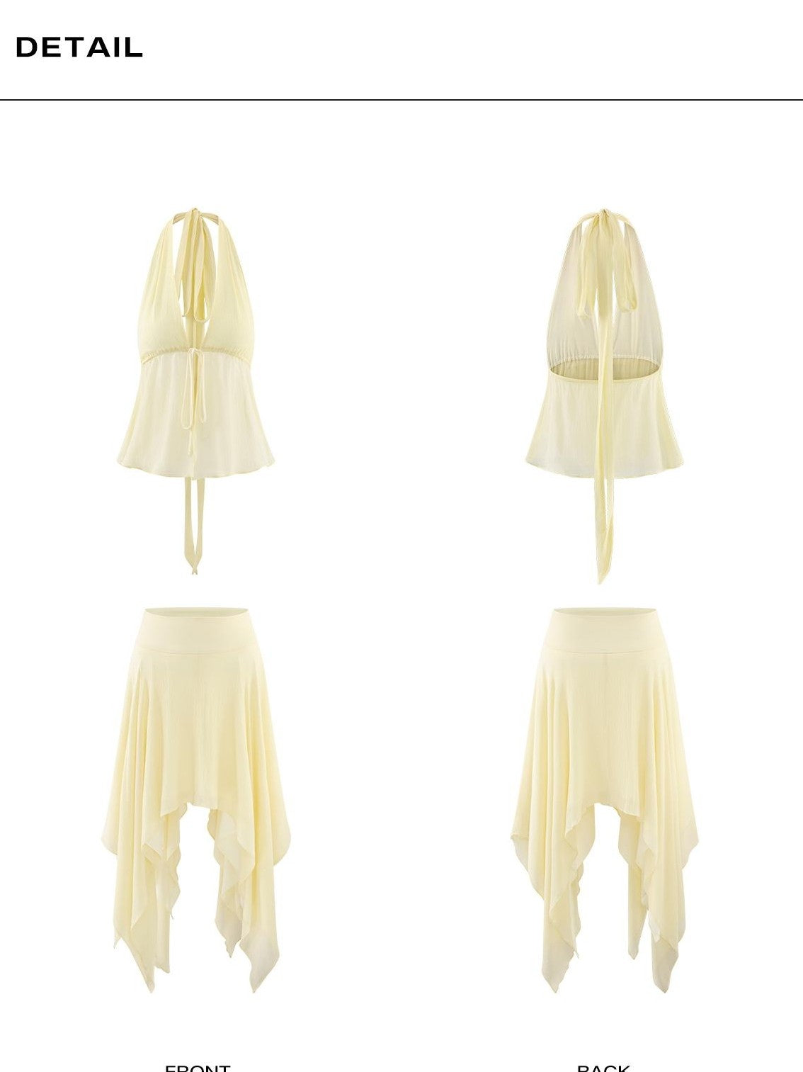 rovente Yellow Deep V-neck Sleeveless Asymmetric Two Piece Women's Matching Skirt Sets
