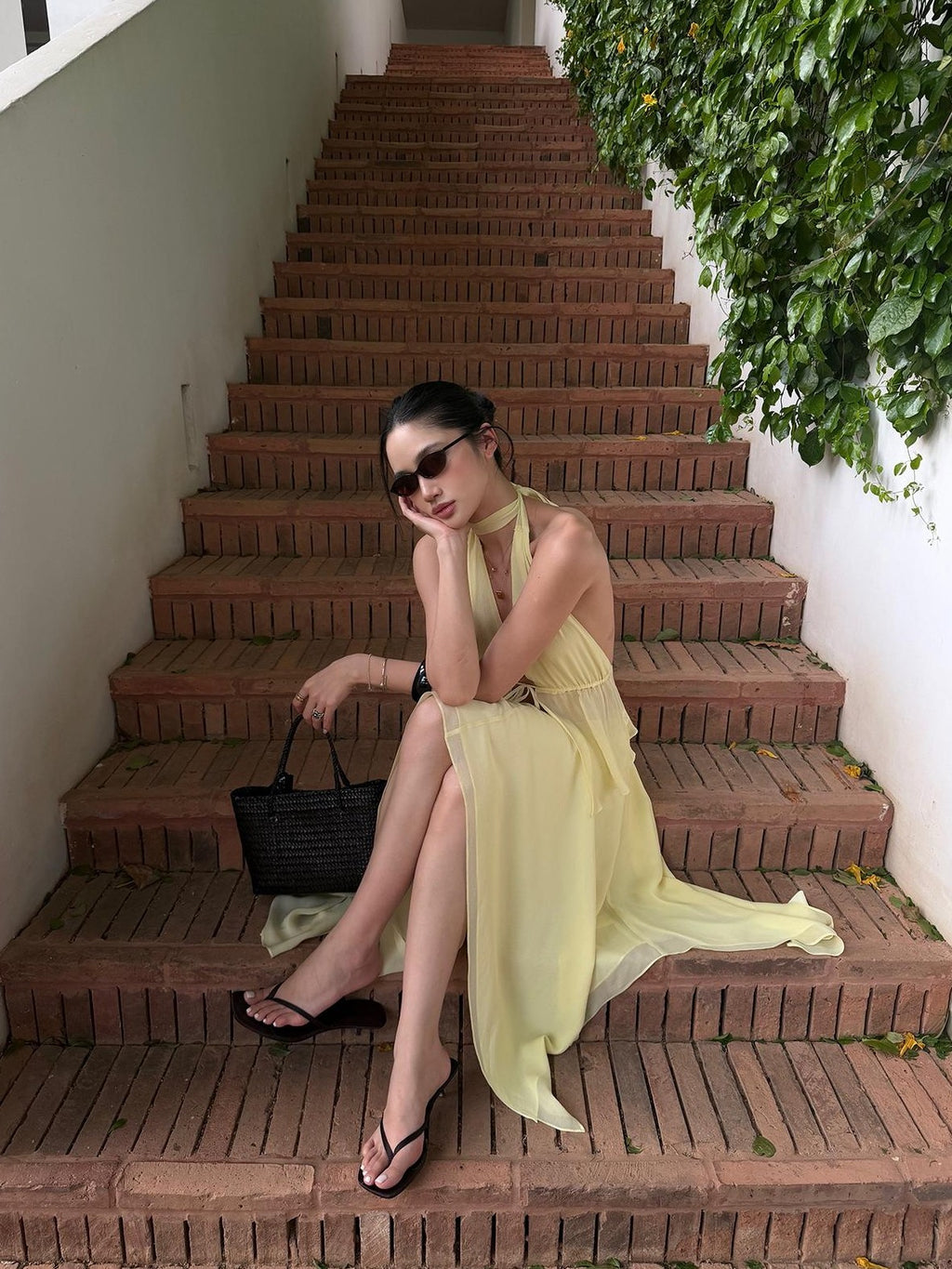 rovente Yellow Deep V-neck Sleeveless Asymmetric Two Piece Women's Matching Skirt Sets