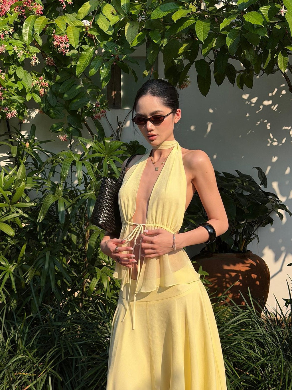 rovente Yellow Deep V-neck Sleeveless Asymmetric Two Piece Women's Matching Skirt Sets