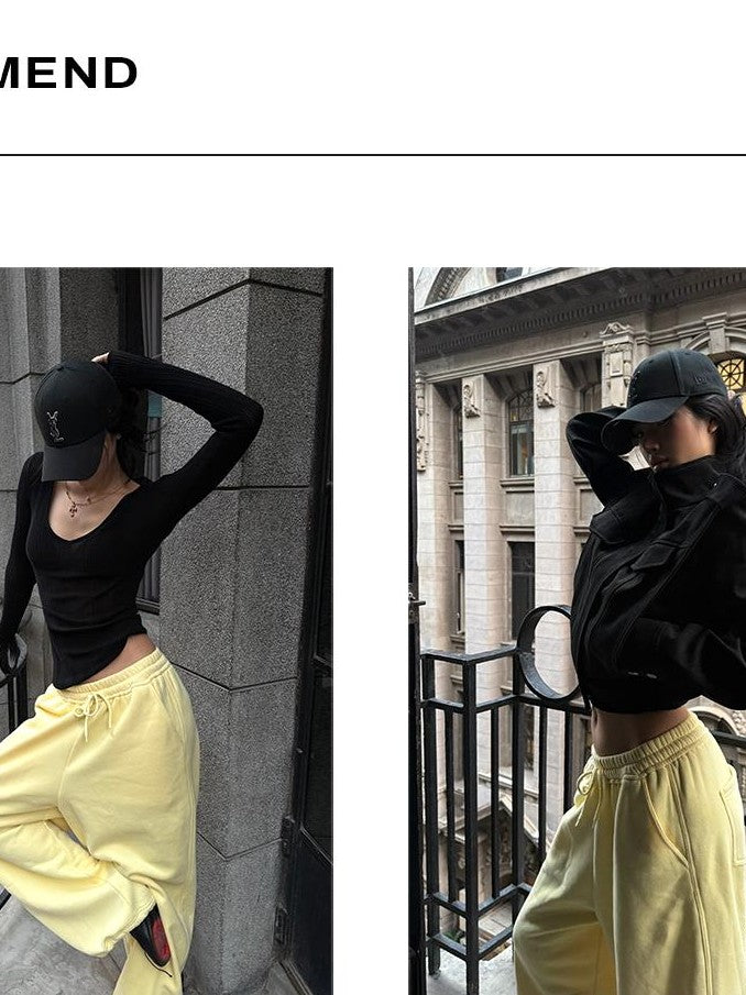 rovente Yellow Low Waist Wide Leg Cotton Women's Sweatpants