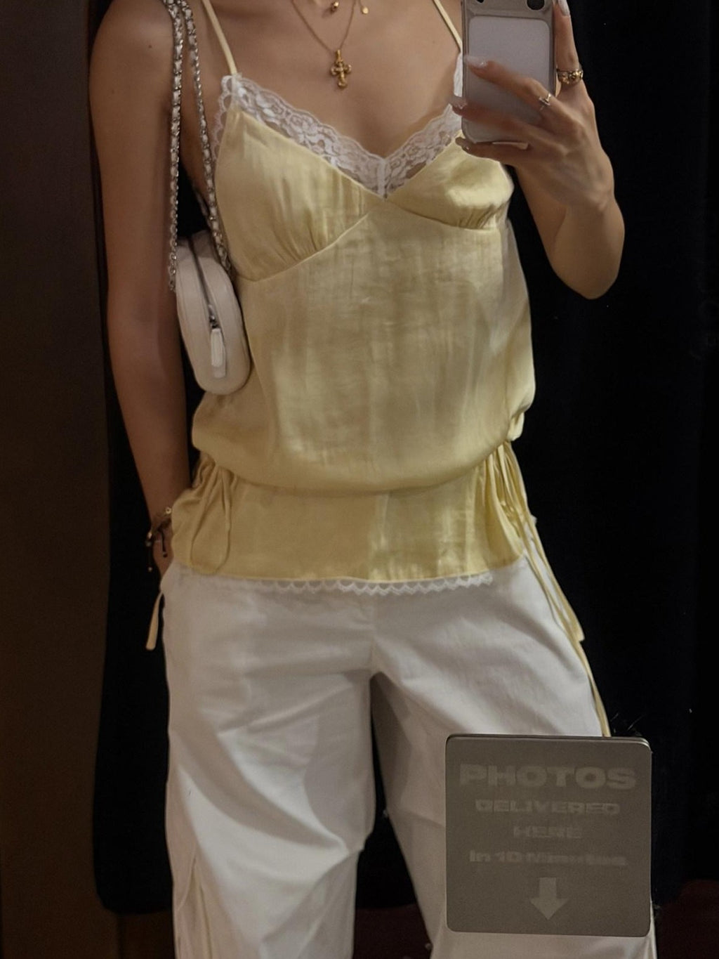 rovente Yellow V-neck Lace Splice Drawstring Slim Fit Women's Camisoles