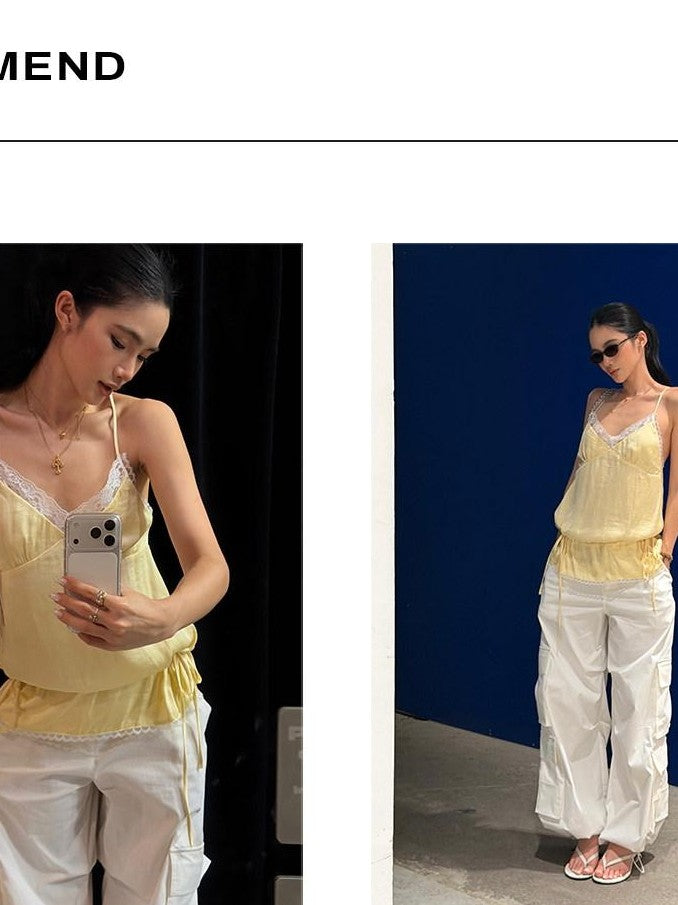 rovente Yellow V-neck Lace Splice Drawstring Slim Fit Women's Camisoles