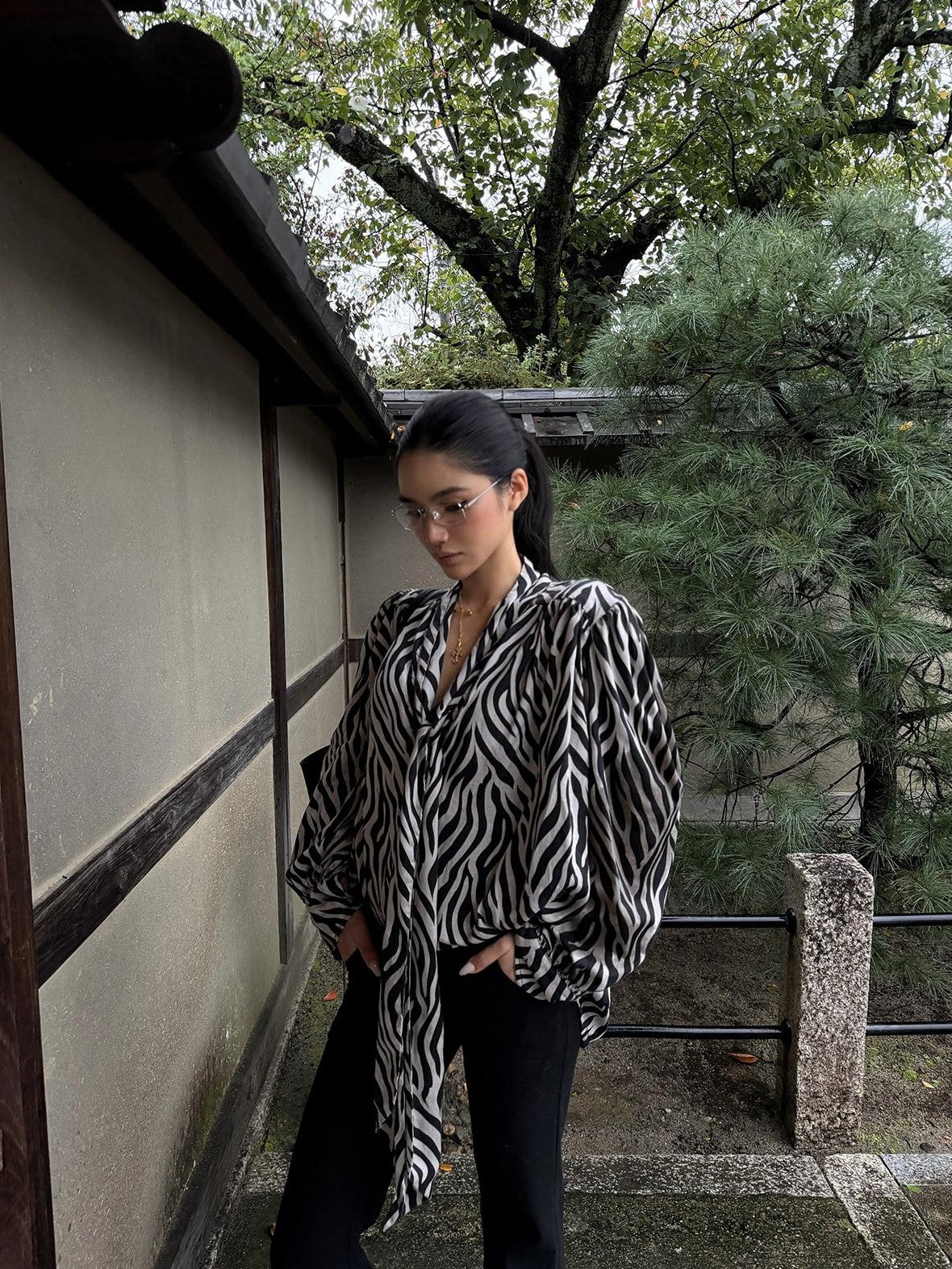 rovente Zebra Print V-neck Ribbon Loose Woven Women's Polyester Tie-front Shirts