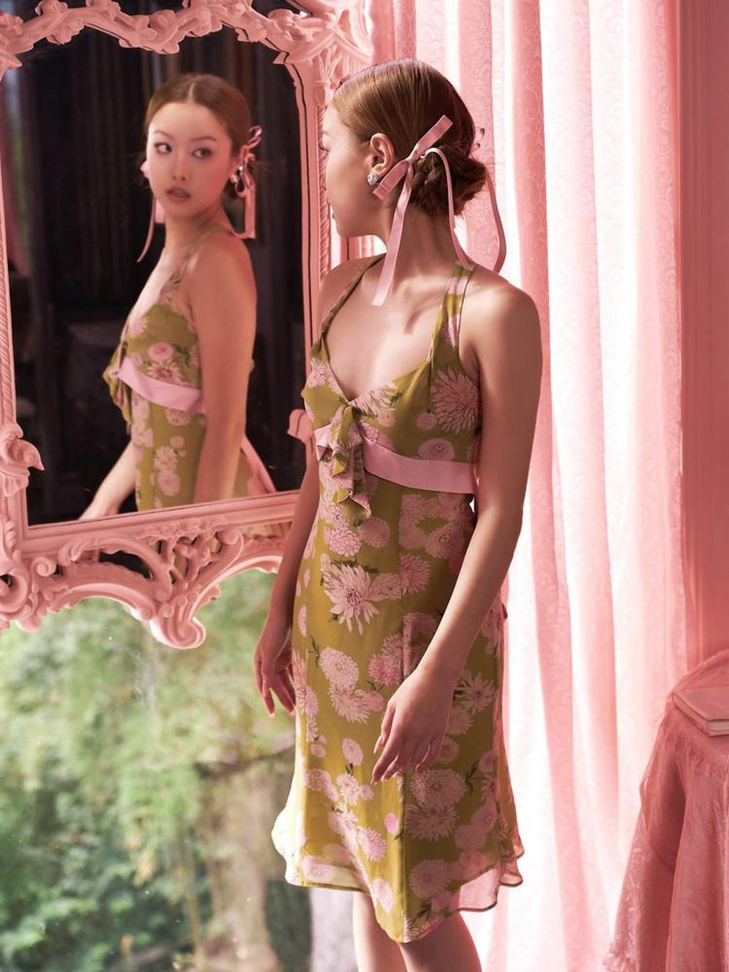 tattletale Aqua Pink Two Tone Floral Tie High Waist Women's Halter Midi Dresses