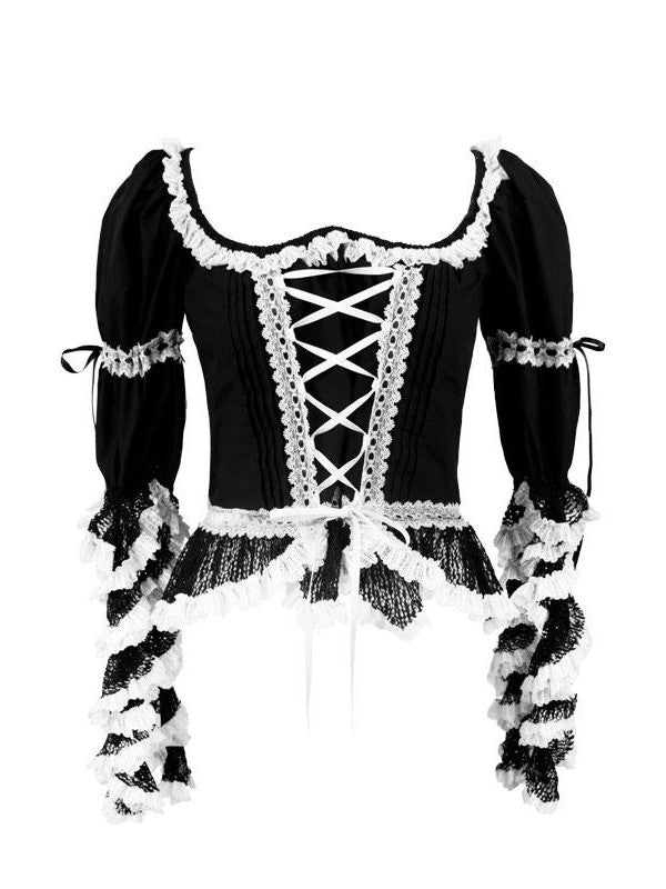 tattletale Black Lace Square Neck Fitted Puff Elbow Women's Cotton Matching Skirt Sets