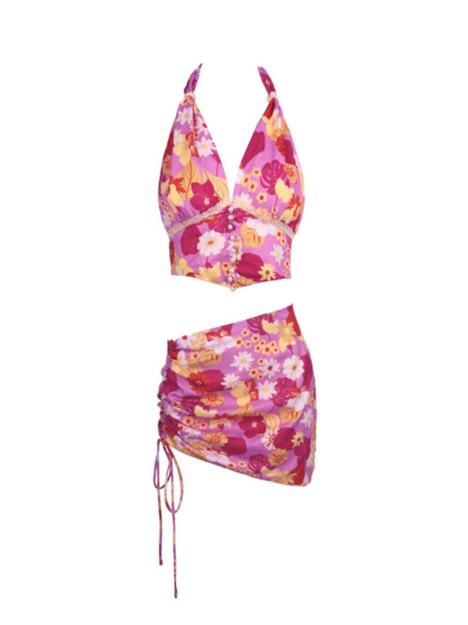 tattletale Hawaii Tropical Halter Floral Cropped Women's Matching Skirt Sets