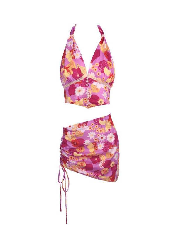 tattletale Hawaii Tropical Halter Floral Cropped Women's Matching Skirt Sets