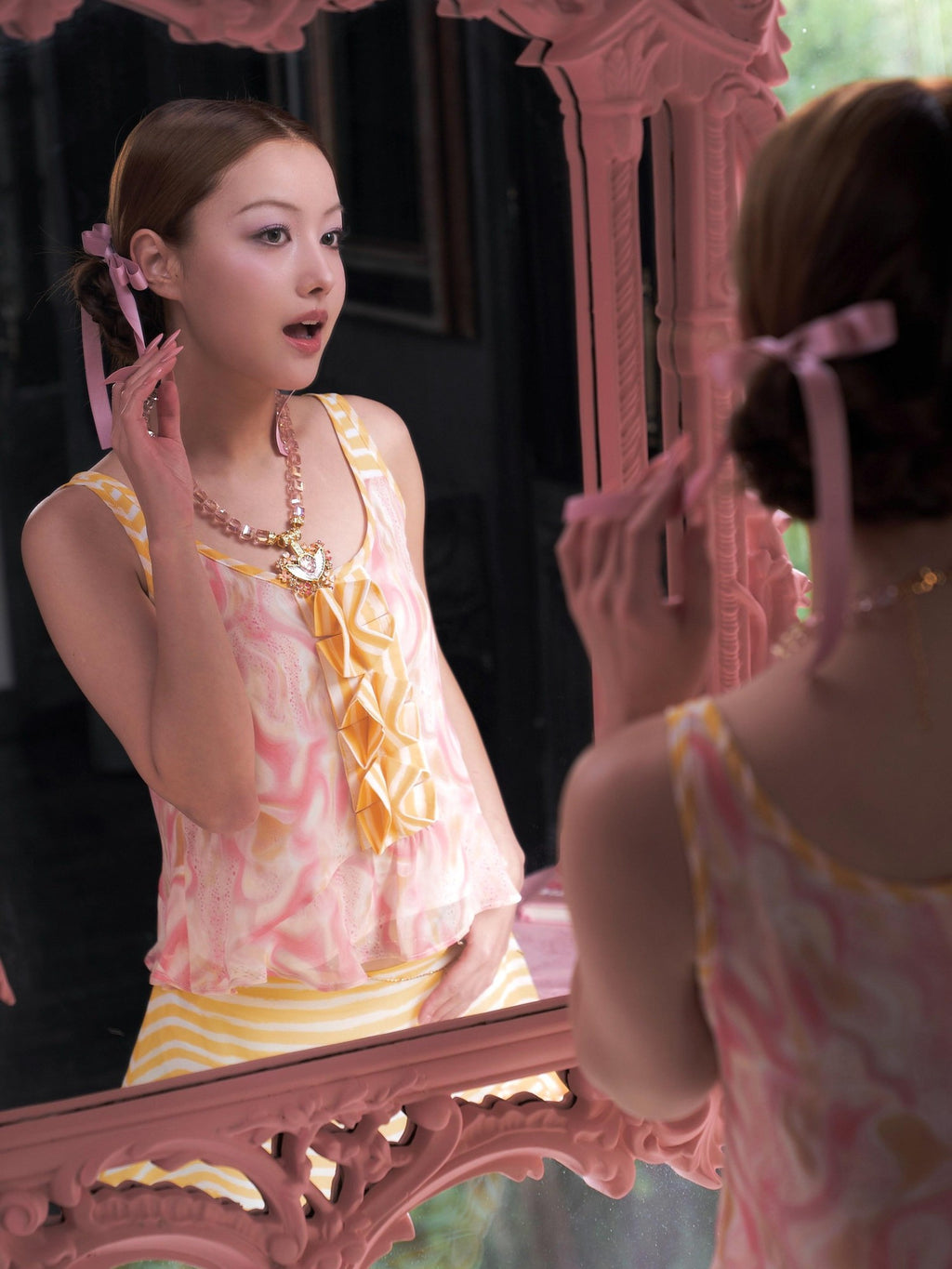 tattletale Pink Swirl Patchwork Pleated Polka Dot Ruffle Hem Women's Tank Tops