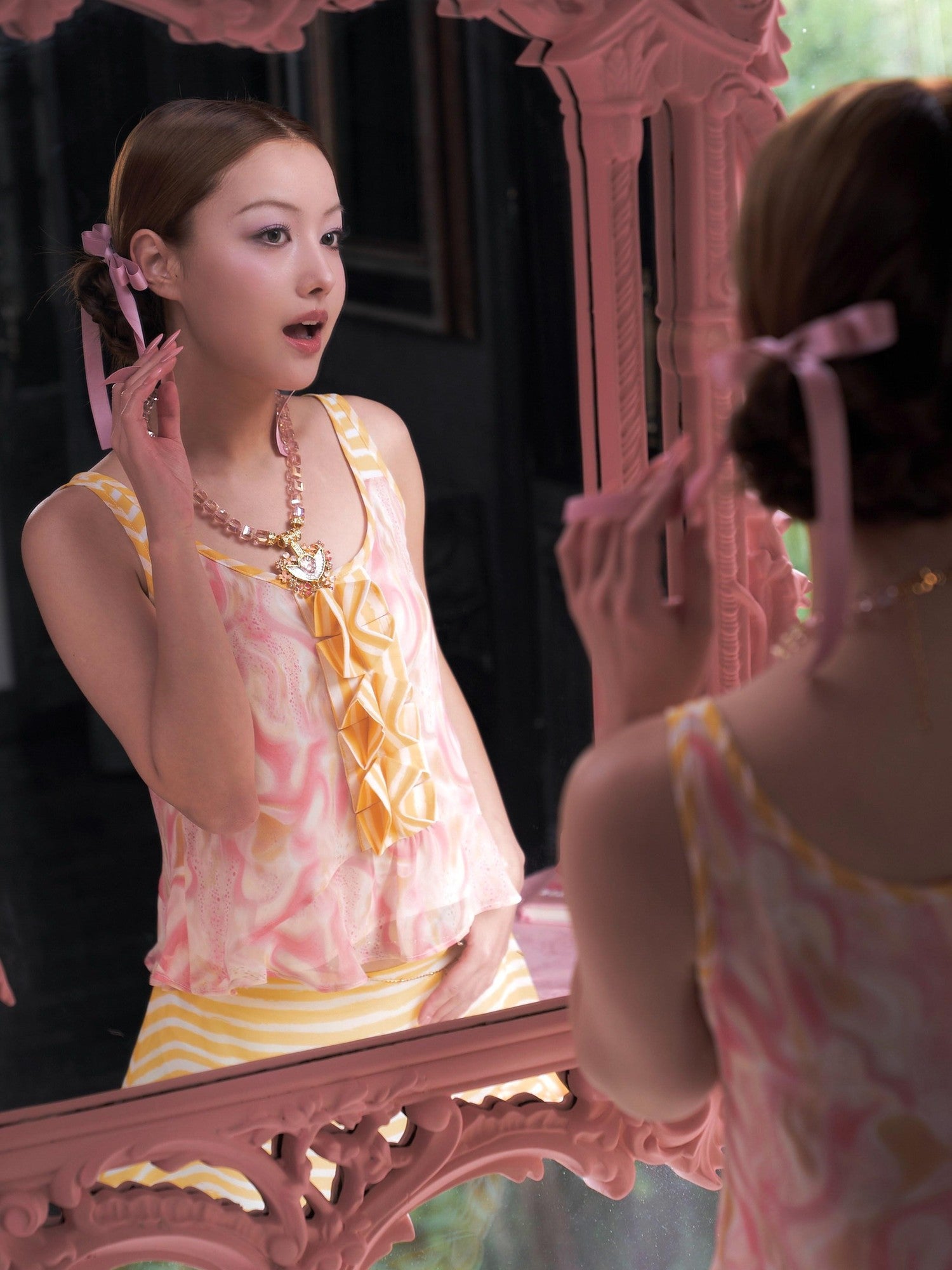 tattletale Pink Swirl Patchwork Pleated Polka Dot Ruffle Hem Women's Tank Tops