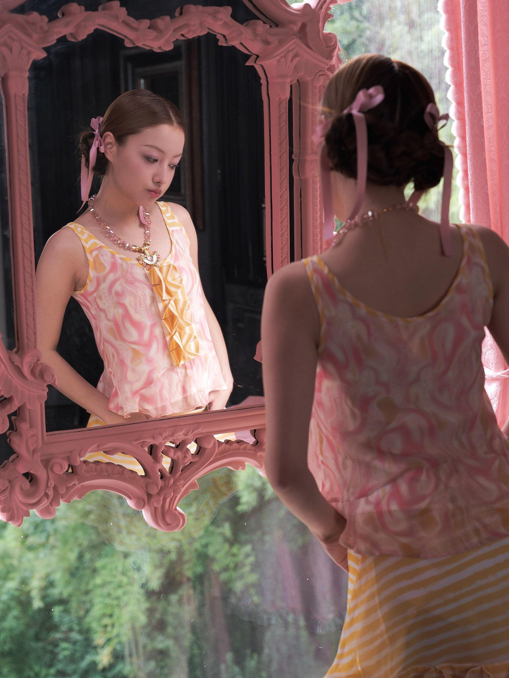 tattletale Pink Swirl Patchwork Pleated Polka Dot Ruffle Hem Women's Tank Tops