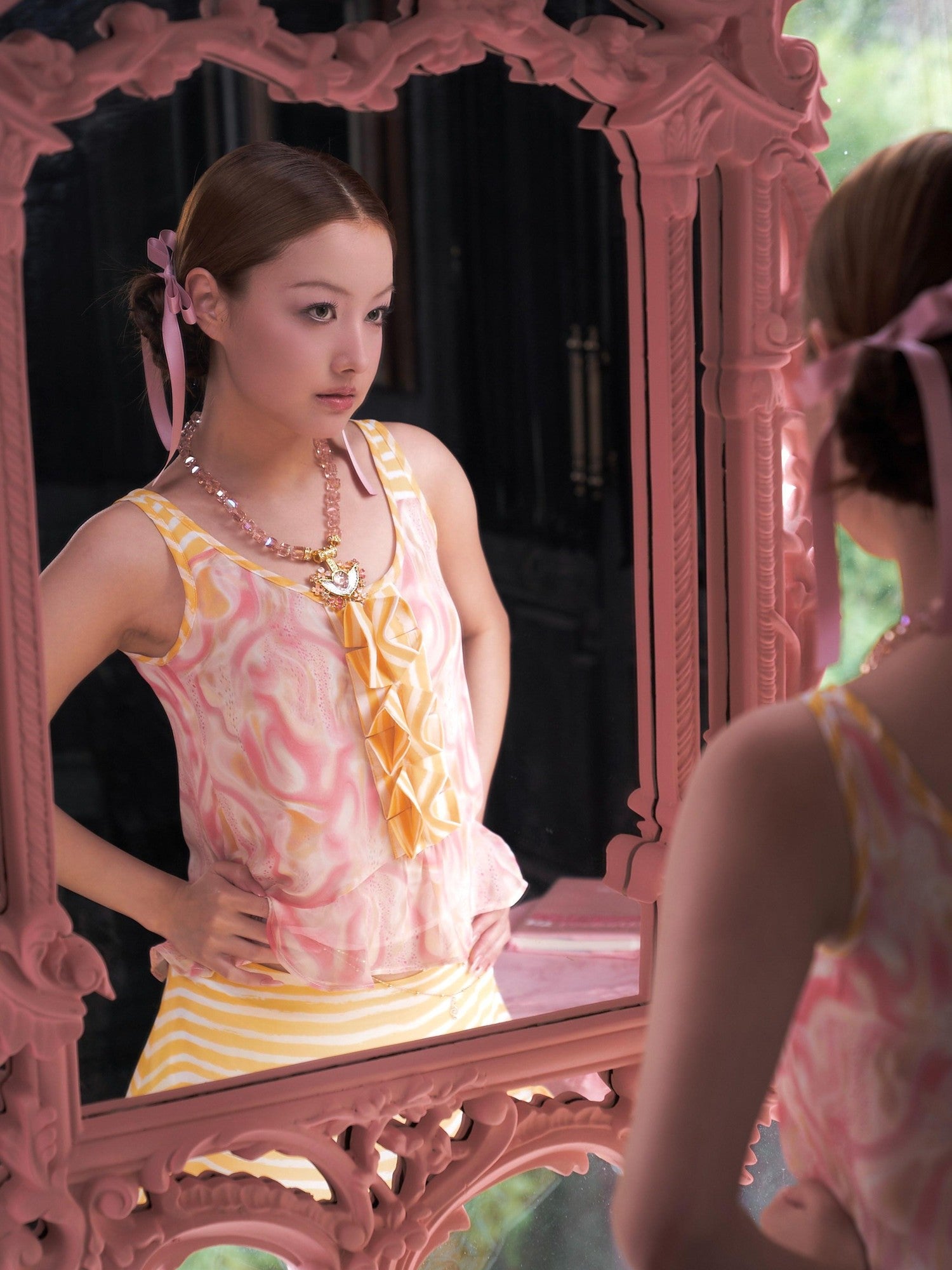 tattletale Pink Swirl Patchwork Pleated Polka Dot Ruffle Hem Women's Tank Tops