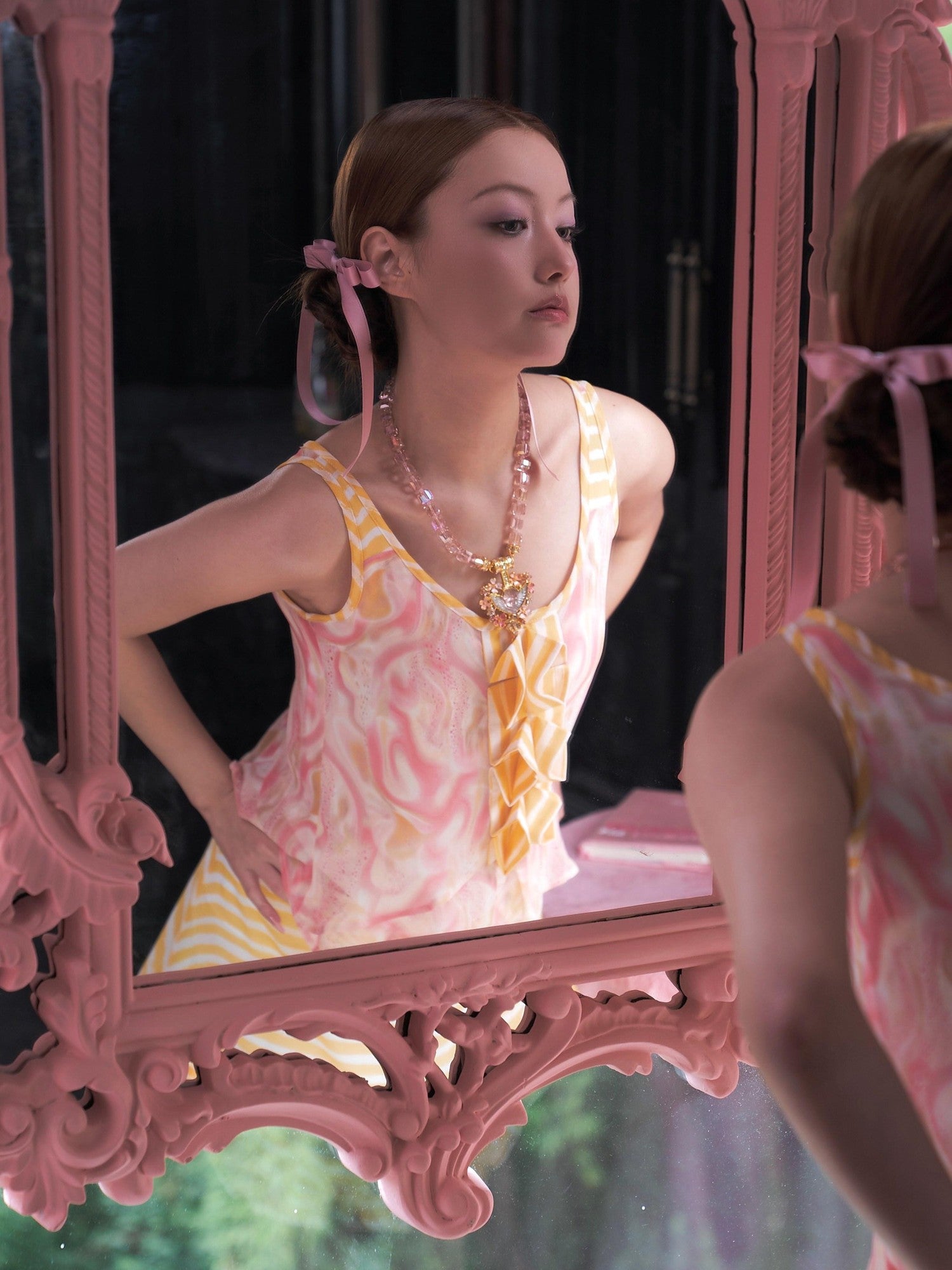 tattletale Pink Swirl Patchwork Pleated Polka Dot Ruffle Hem Women's Tank Tops