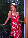 tattletale Red Butterfly Gardenia Square Neck Mermaid Women's Slip Midi Dresses