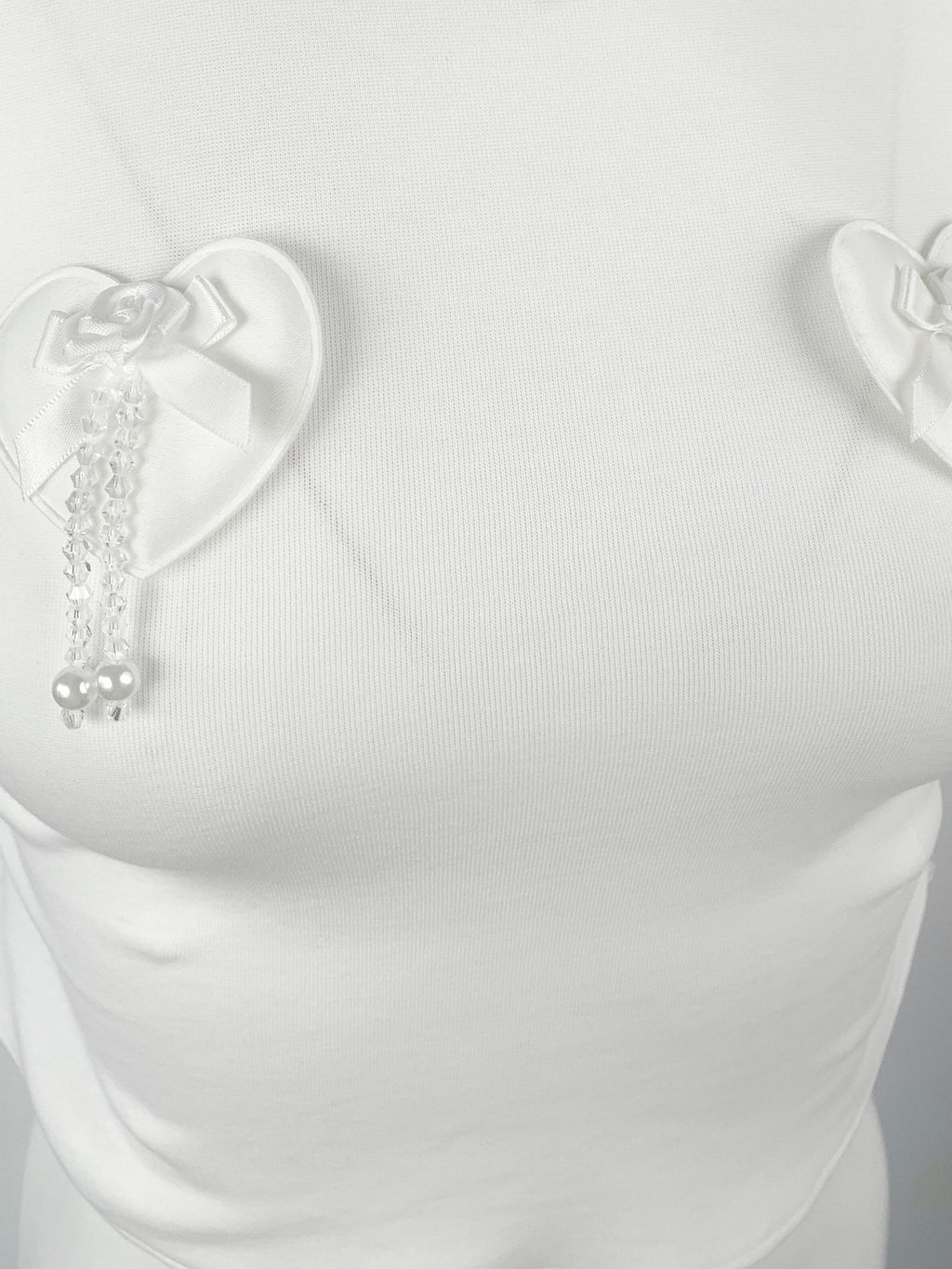tattletale Satin Heart Crystal Drop Bow Fringe Cropped Women's Cotton Ruched T-shirts