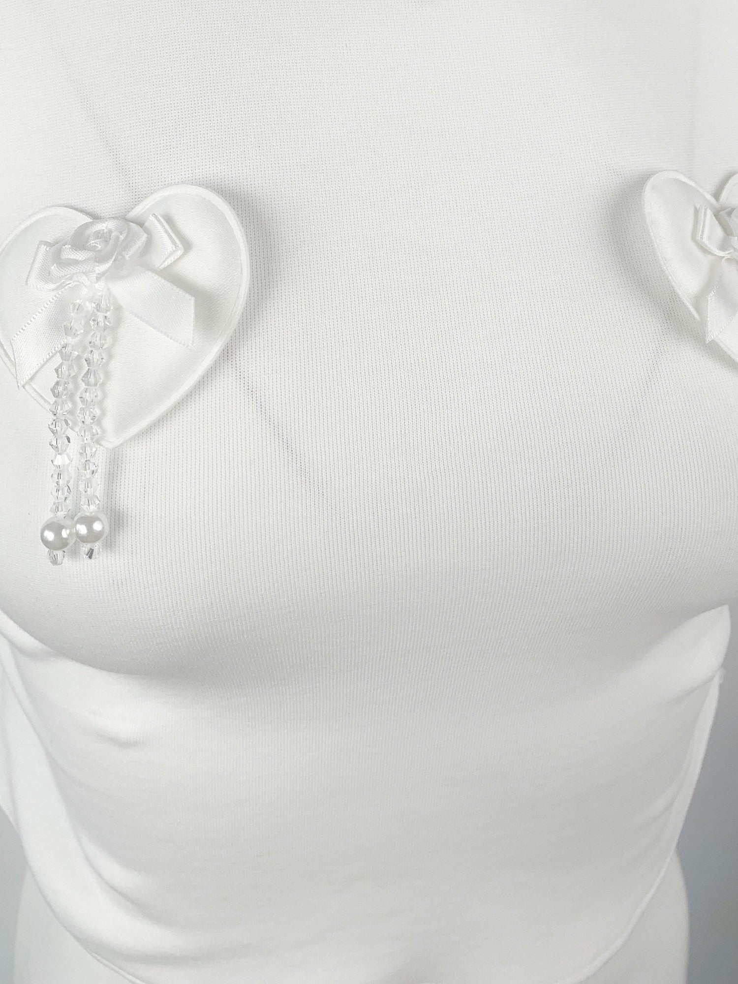 tattletale Satin Heart Crystal Drop Bow Fringe Cropped Women's Cotton Ruched T-shirts