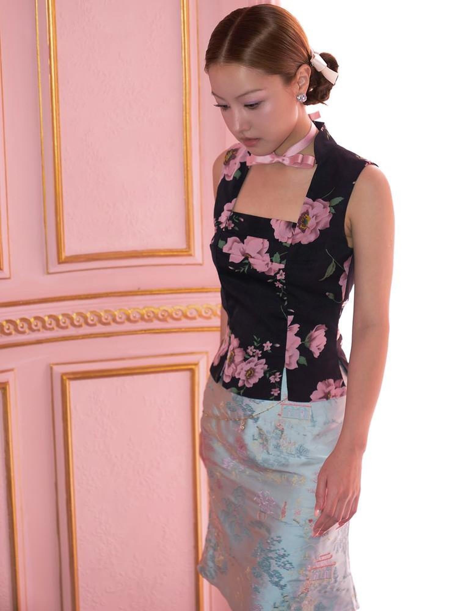 tattletale Scenic Embroidered Chinese Mid Waist Women's Satin Midi Skirts