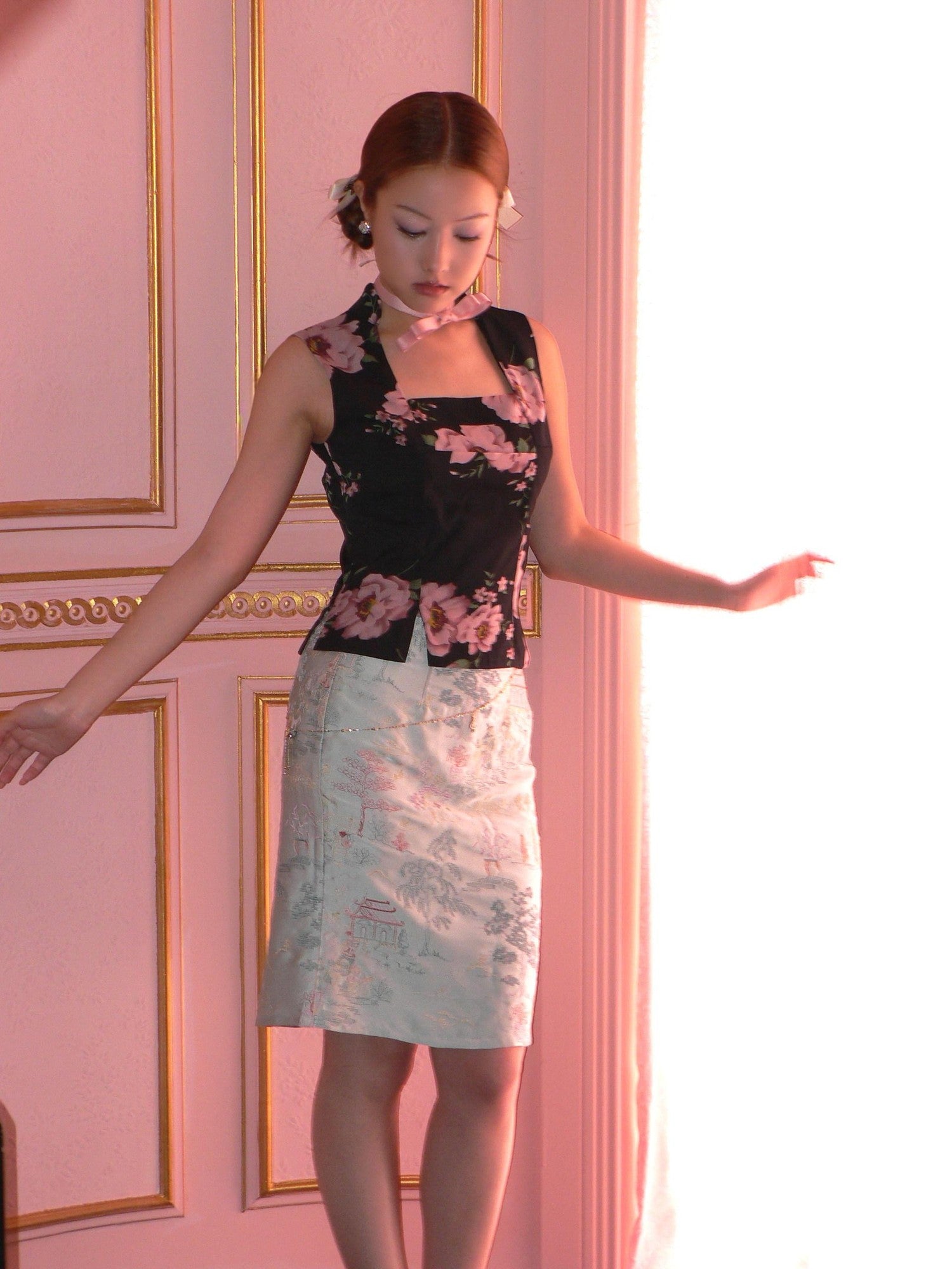 tattletale Scenic Embroidered Chinese Mid Waist Women's Satin Midi Skirts