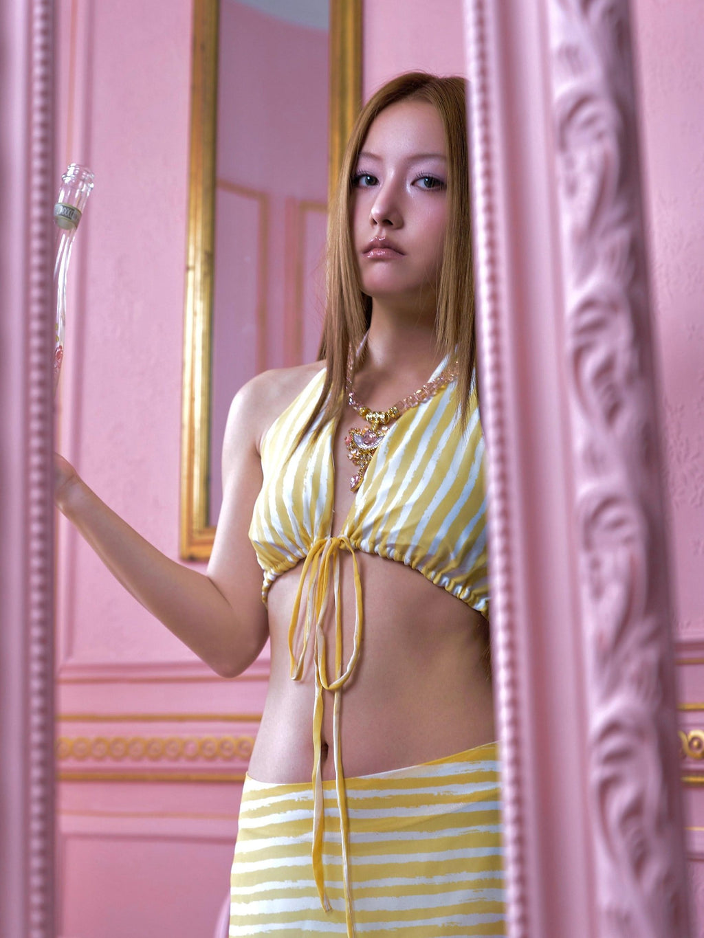 tattletale Yellow White Striped Halter Ruffle Patchwork Women's Matching Skirt Sets