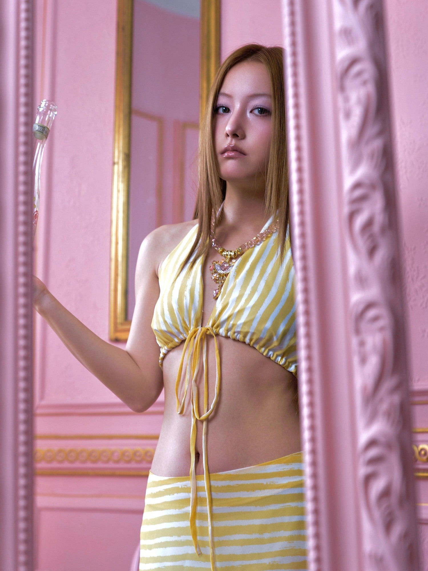 tattletale Yellow White Striped Halter Ruffle Patchwork Women's Matching Skirt Sets